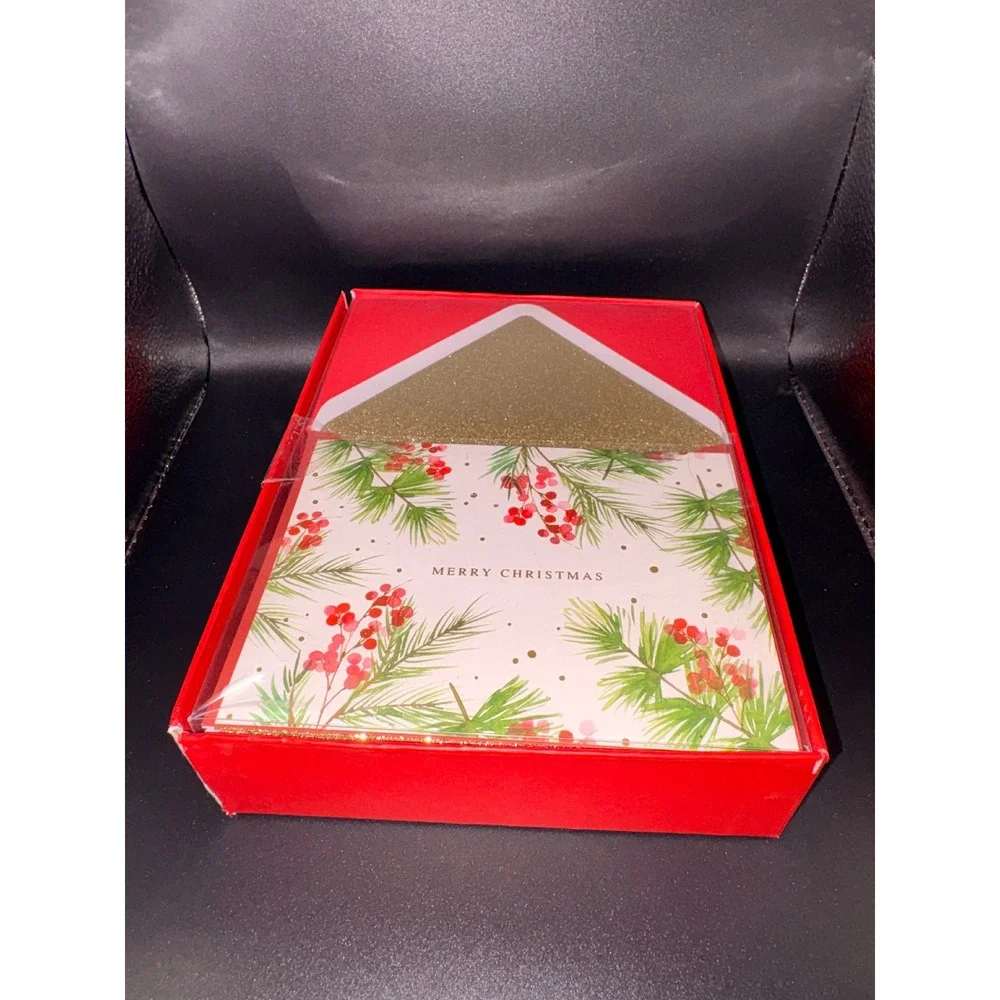 Lady Jayne Christmas Cards Boxed Set 12 Count Pine Berry Gold Glitter Envelopes